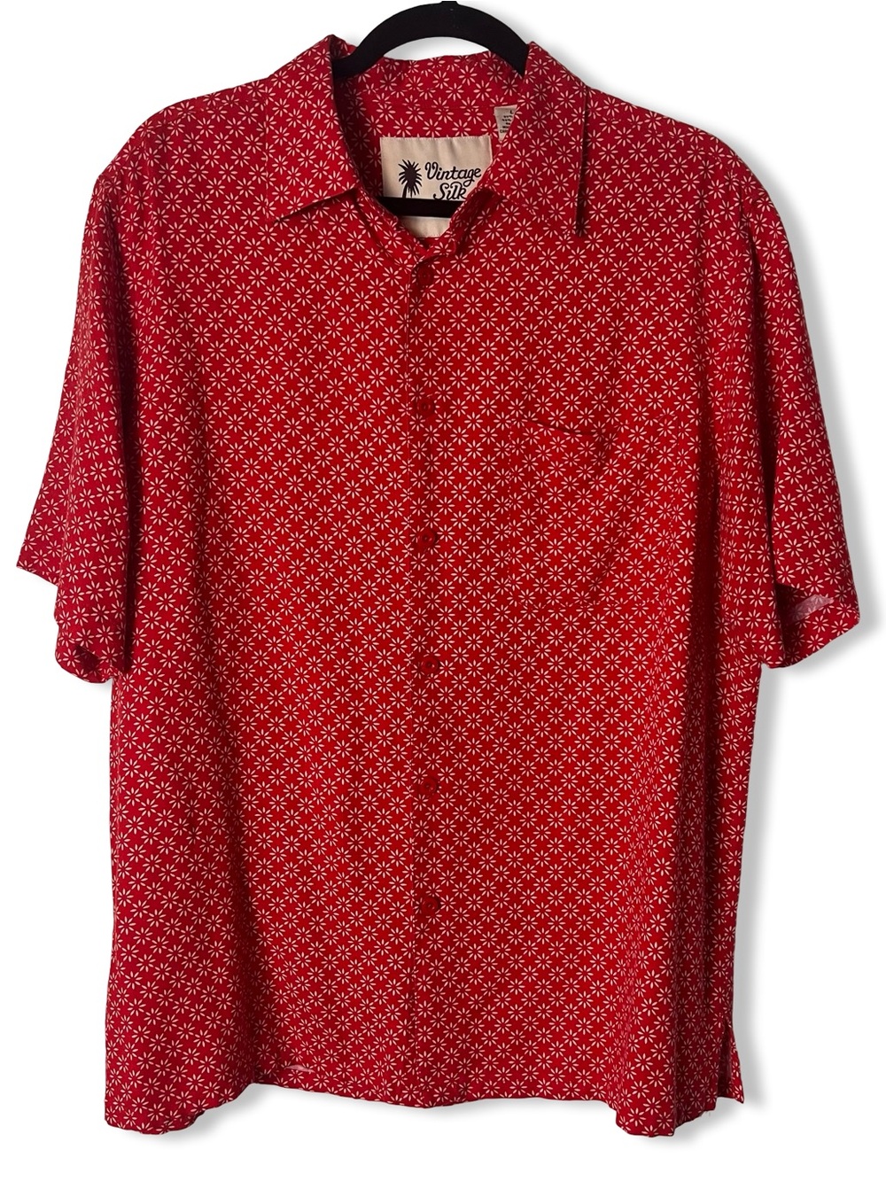 Vintage Silk Mens Retro Geo Floral Print Camp Shirt Red White Short Sleeve L